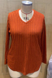 Caramel Colour Plus Size Casual Solid Pullovers Asymmetrical Solid Color V Neck Plus Size Tops