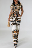 White Casual Street Print Bandage Patchwork O Neck Short Sleeve Two Pieces