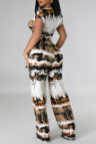 White Casual Street Print Bandage Patchwork O Neck Short Sleeve Two Pieces