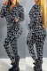 Black Sportswear Simplicity Print Letter Zipper Collar Long Sleeve Two Pieces