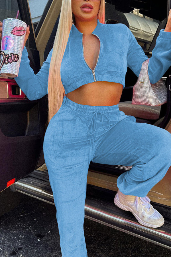 Light Blue Casual Sportswear Solid Patchwork Draw String Zipper Zipper Collar Long Sleeve Two Pieces
