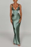 Green Sexy Solid Backless Spaghetti Strap Long Dress Dresses