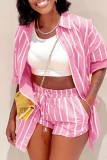 Pink Casual Striped Print Cardigan Turndown Collar Two Pieces