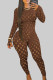Coffee Sexy Solid Hollowed Out Patchwork Zipper O Neck Skinny Jumpsuits