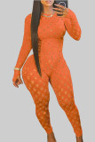 Red Sexy Solid Hollowed Out Patchwork Zipper O Neck Skinny Jumpsuits