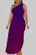 Purple Elegant Gradual Change Patchwork One Shoulder Pleated Dresses