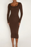 Khaki Casual Solid Patchwork U Neck Wrapped Skirt Dresses