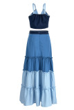 Blue Sexy Solid Patchwork Fold Spaghetti Strap Sleeveless Two Pieces