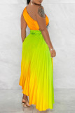 Pink Elegant Gradual Change Patchwork One Shoulder Pleated Dresses