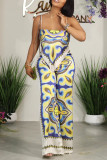 Blue Sexy Print Patchwork Spaghetti Strap Sleeveless Two Pieces