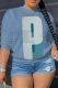 Gray Blue Casual Print Patchwork O Neck Tops