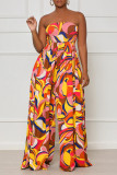 Multicolor Elegant Print Patchwork Strapless Straight Jumpsuits