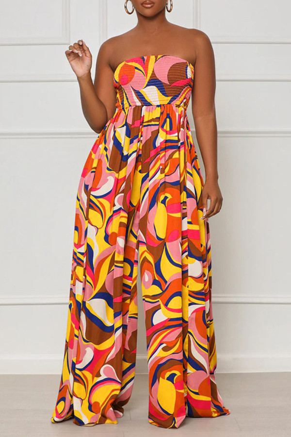 Multicolor Elegant Print Patchwork Strapless Straight Jumpsuits