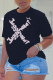 Navy Blue Vintage Print Patchwork O Neck T-Shirts