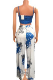Blue Sexy Celebrities Floral Patchwork Zipper Spaghetti Strap Sleeveless Two Pieces