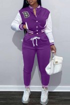 Purple Casual Print Letter Mandarin Collar Long Sleeve Two Pieces