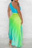 Pink Elegant Gradual Change Patchwork One Shoulder Pleated Dresses