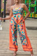 Tangerine Sexy Print Patchwork Spaghetti Strap Sleeveless Two Pieces