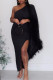 Black Daily Party Elegant Patchwork Slit Solid Color One Shoulder Asymmetrical Dresses