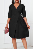 Red Casual Solid Patchwork Fold V Neck A Line Dresses
