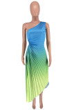 Pink Elegant Gradual Change Patchwork One Shoulder Pleated Dresses