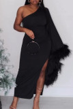 Black Daily Party Elegant Patchwork Slit Solid Color One Shoulder Asymmetrical Dresses