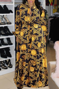 Gold Casual Print Camouflage Print Bandage Patchwork Buckle Turndown Collar Long Dress Plus Size Dresses