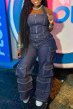Royal Blue Street Solid Patchwork Pocket Buttons Halter Straight Jumpsuits