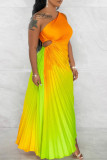 Pink Elegant Gradual Change Patchwork One Shoulder Pleated Dresses