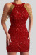 Red Sexy Elegant Solid Sequins Patchwork Chains O Neck Pencil Skirt Dresses