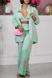 Rose Red Street Elegant Print Patchwork Buckle Turndown Collar Long Sleeve Three Pieces