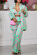 Green Street Elegant Print Patchwork Buckle Turndown Collar Long Sleeve Three Pieces