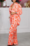 Rose Red Street Elegant Print Patchwork Buckle Turndown Collar Long Sleeve Three Pieces