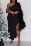 Black Daily Party Elegant Patchwork Slit Solid Color One Shoulder Asymmetrical Dresses