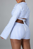 Blue Casual Striped Patchwork Buttons Shirt Collar Long Sleeve Two Pieces