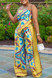 Blue Sexy Print Patchwork Spaghetti Strap Sleeveless Two Pieces