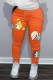 Tangerine Red Casual Character Print Patchwork Mid Waist Pencil Bottoms
