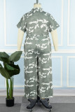 Army Green Casual Print Bandage Patchwork Buckle Turndown Collar Plus Size Jumpsuits