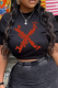 Black Street Print Patchwork O Neck T-Shirts