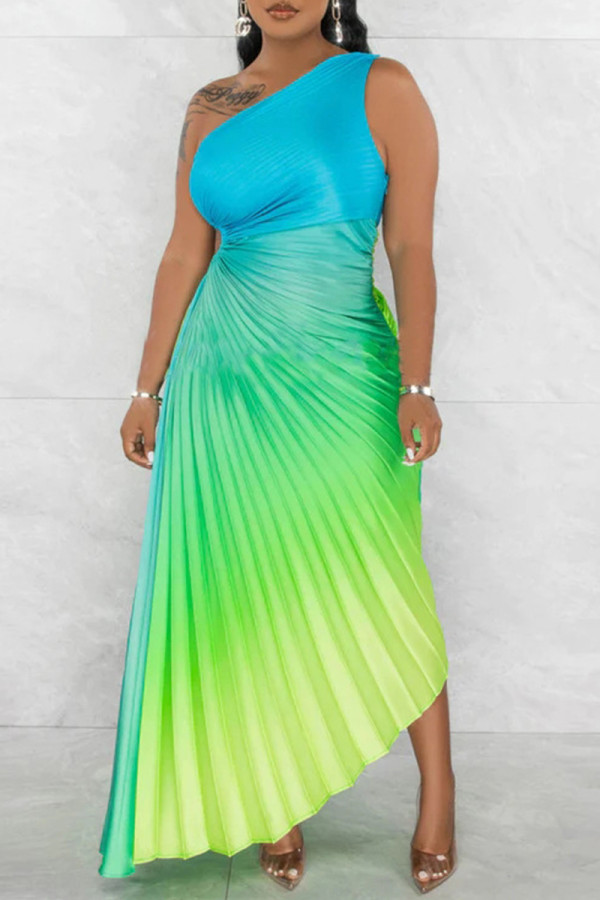 Blue Elegant Gradual Change Patchwork One Shoulder Pleated Dresses