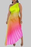 Pink Elegant Gradual Change Patchwork One Shoulder Pleated Dresses