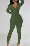 Army Green Sexy Solid Patchwork Buckle V Neck Skinny Jumpsuits