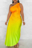 Pink Elegant Gradual Change Patchwork One Shoulder Pleated Dresses