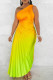 Yellow Elegant Gradual Change Patchwork One Shoulder Pleated Dresses