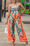 Blue Sexy Print Patchwork Spaghetti Strap Sleeveless Two Pieces