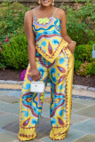Blue Sexy Print Patchwork Spaghetti Strap Sleeveless Two Pieces