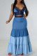 Blue Sexy Solid Patchwork Fold Spaghetti Strap Sleeveless Two Pieces