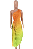Pink Elegant Gradual Change Patchwork One Shoulder Pleated Dresses