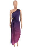 Pink Elegant Gradual Change Patchwork One Shoulder Pleated Dresses