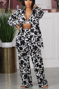 Black Street Elegant Print Patchwork Buckle Turndown Collar Long Sleeve Three Pieces